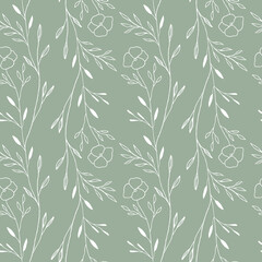 Seamless botanical pattern with flower and leaves. Hand drawn lines. Vector background.