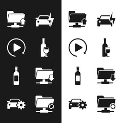 Set Wine bottle with glass, Video play button, FTP folder upload, Electric car, Bottle of wine and download icon. Vector