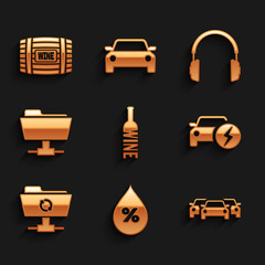 Set Bottle of wine, Water drop percentage, Cars, Electric car, FTP sync refresh and folder icon. Vector