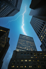 Lightning strike bolt during thunderstorm in downtown Manhattan, New York, NYC