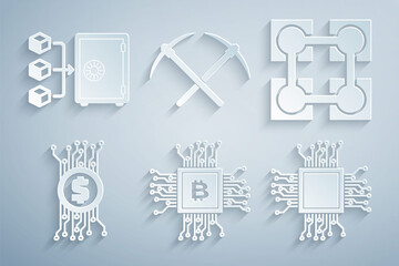 Set CPU mining farm, Blockchain technology, Cryptocurrency bitcoin circuit, Processor, Crossed pickaxe and Proof of stake icon. Vector