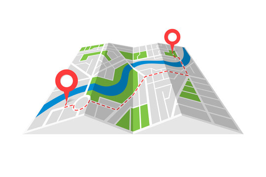 City Street Cartography Folded Paper Map Plan With GPS Location Place Pins And Navigation Route Between Point Markers. Finding Way Path Direction Concept Perspective View Isometric Vector Illustration