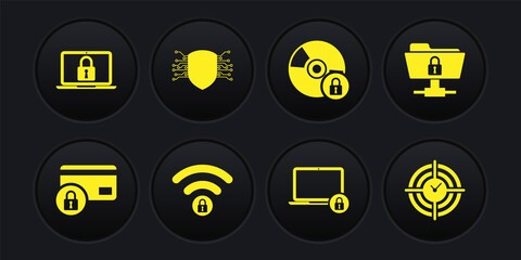 Set Credit card with lock, FTP folder and, Wifi locked, Laptop, CD or DVD disk and Cyber security icon. Vector