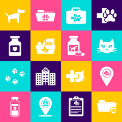 Set Medical veterinary record folder, Location, Cat, Pet first aid kit, and medicine bottle icon. Vector