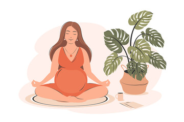 Pregnant woman meditates in her room or apartment. Concept yoga, meditation, relax, health, pregnancy, motherhood. Flat vector illustration. - obrazy, fototapety, plakaty