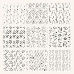 Set of botanical seamless pattern. Leaf background. Hand drawn plant wallpaper design. Vector illustration.