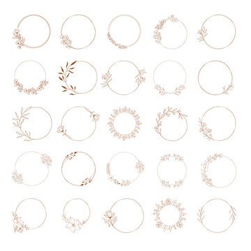 Set of circle floral frames for wedding design. Hand drawn vintage style. Vector isolated illustration.