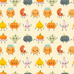 Seamless pattern with Cute different pumpkins kawaii character. Funny and happy pumpkins emoji. Vector illustration in cartoon flat style