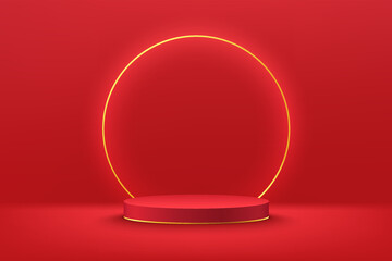 Abstract 3D red cylinder pedestal or podium with glowing gold neon ring. Dark red minimal wall scene for cosmetics product display presentation. Vector rendering geometric platform design.
