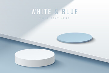 Abstract 3D white and blue cylinder pedestal podium on pastel blue steps floor in shadow with copy space. Vector rendering minimal geometric platform design for cosmetic product display presentation. - obrazy, fototapety, plakaty