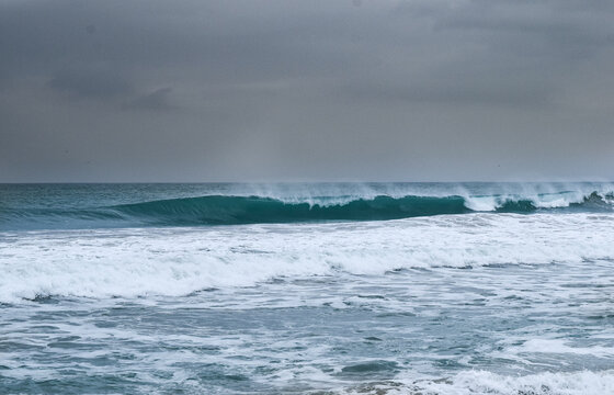 Stormy ocean view with big waves breaking on the Atlantic Ocean in Spain. Winter Atlantic storm with big breaking waves