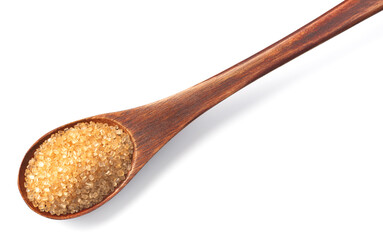 yellow sugar in the wooden spoon, isolated on white, top view
