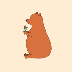 Funny bear eating popsicle ice cream on a stick. Gourmet. Sweet tooth. Vector hand-drawn doodle illustration.
