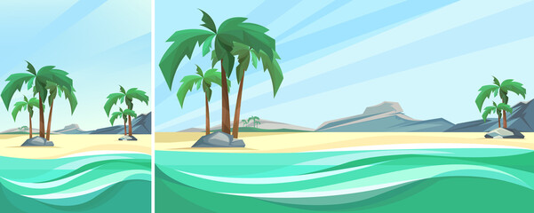 Fototapeta na wymiar Desert island coast with palms and mountain. Nature landscape in vertical and horizontal orientation.
