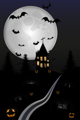 Fototapeta premium Halloween night haunted house on the hill. Cemetery and smiling pumpkins. Vector illustration. 