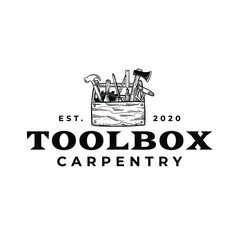 Toolbox Wooden Craftman Drawing Logo Vintage Vector Illustration Template Icon Design 