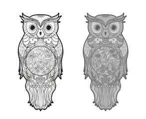 Owl on isolated white. Detailed hand drawn line bird with abstract patterns on isolated background. Abstract ornate character. Different color options
