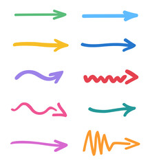 Colorful hand drawn arrow. Colored infographic elements on white. Freehand drawing. Set of different arrows