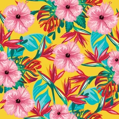 Fotobehang Tropical leaves exotic flower,Summer pattern.Colorful pattern.seamless pattern © sirinporn