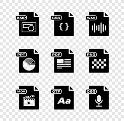 Set BMP file document, CSS, WAV, MOV, OTF, OGG, PPT and PDF icon. Vector