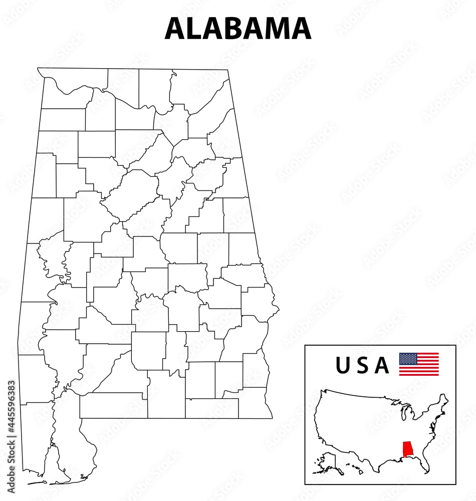 Sticker Alabama Map. State and district map of Alabama. Administrative and political map of Alabama with outline and black and white design.