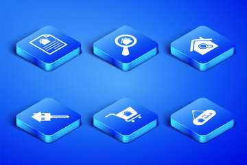 Set Hanging sign with For Sale, House contract, Shopping cart house, key, Search and icon. Vector