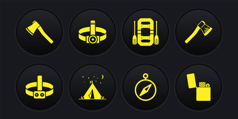 Set Head flashlight, Wooden axe, Tourist tent with flag, Compass, Rafting boat, Lighter and icon. Vector