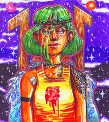 Fototapeta premium multicolored bright sketch with a girl with green hair, makeup and tattoo, with wings on the background of a blue starry night marker traditional art.