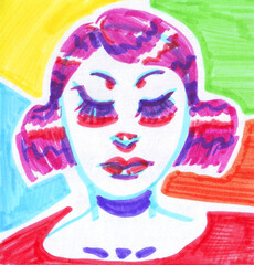 A marker drawn cartoon fashion woman head with bright purple hair, blue eyelashes on a colorful background.