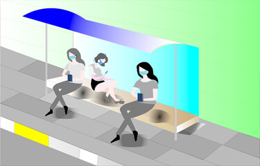 Obraz premium New Normal Life People waiting for buses at bus stops wear medical masks and face shields to protect against coronavirus