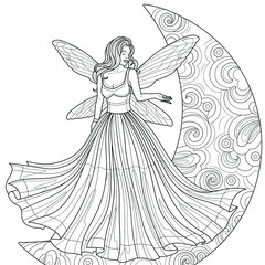 Fairy in the moon.Coloring book antistress for children and adults. Illustration isolated on white background.Zen-tangle style.