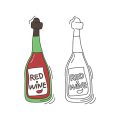Fototapeta na wymiar Red wine on white background. Two kinds beverage. Cartoon sketch graphic design. Doodle style with black contour line. Colored hand drawn bottle. Party drinks concept. Freehand drawing style