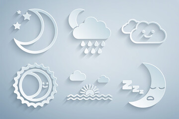 Set Sunset, Cloud, Eclipse of the sun, Moon icon, with rain and moon and stars icon. Vector