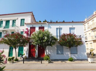 Fototapeta na wymiar Colorful traditional houses and nerium oleander trees, on the island of Poros, in Greece