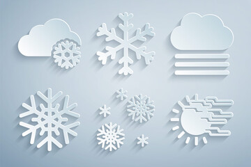 Set Snow, Fog and cloud, Snowflake, sun, and Cloud with snow icon. Vector