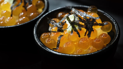 Ikura roe. Salmon Ikura Roe Served with rice and top with japanese Seaweed. Ikura don very famous menu in Hokkaido Japan. Most Served in hotel buffet breakfast. salmon roe or red caviar. Japanese food