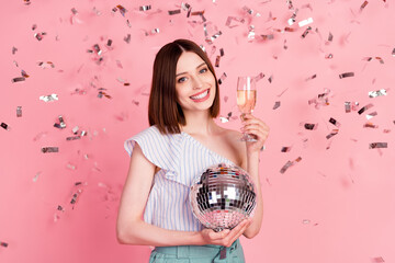 Photo of young girl happy positive smile celebrate club event confetti disco ball drink alcohol...