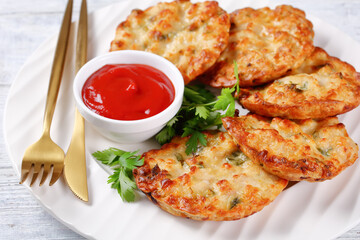Cheesy Chicken Fritters on a plate, top view