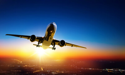 Fototapeta na wymiar Plane goes on takeoff at sunset over the city lights