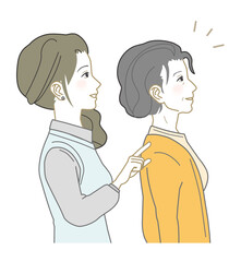 Senior Japanese Mother and Daughter, Pointing