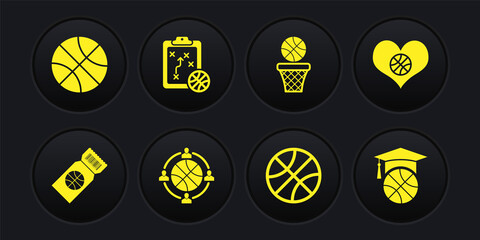 Set Basketball game ticket, Heart with basketball, Planning strategy, and, training and icon. Vector