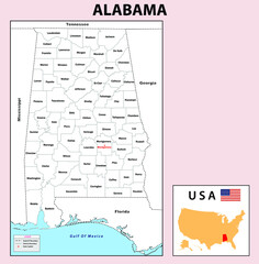 Alabama Map. State and district map of Alabama. Administrative and political map of Alabama with neighboring countries and border in white color.