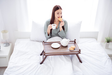 Photo of pretty cute young lady grey sleepwear lying bed drinking morning coffee eating biscuit smiling indoors room home house