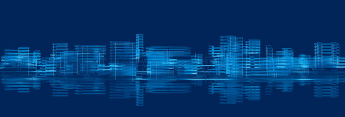 3d illustration Electronic city. Panorama of the city in the form of stripes and glowing lines. Designer blue background