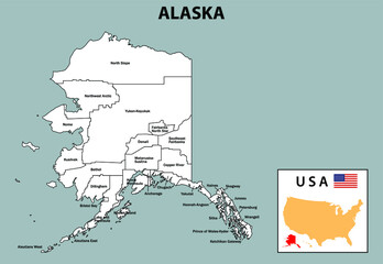 Alaska map. District map of Alaska in white color.