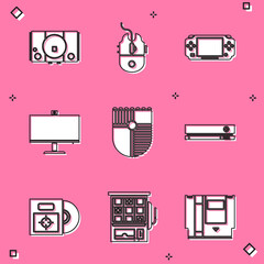 Set Video game console, Computer mouse gaming, Portable video, monitor, Shield for, CD DVD disk box and Slot machine icon. Vector