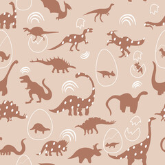 Seamless pattern with cute silhouettes baby dinosaurs. Jurassic,mesozoic reptiles with animal eggs.Various dino characters in pastel color.Prehistoric illustration.Childish print,wrapping paper