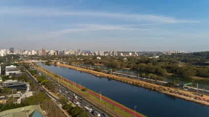Fototapeta premium View of Marginal Pinheiros with the Pinheiros river and modern buildings in Sao Paulo, Brazil