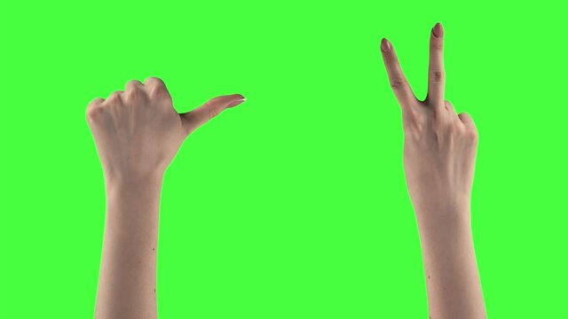 Package of different 21 hands gestures shown on a green screen. Woman is making various sign by fingers one after another. She does ok then rock and fuck symbols. Theme of body language on chroma key.
