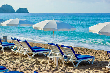 Empty chaise lounges  with sea view on Kleopatra Beach ,Alanya, Turkey